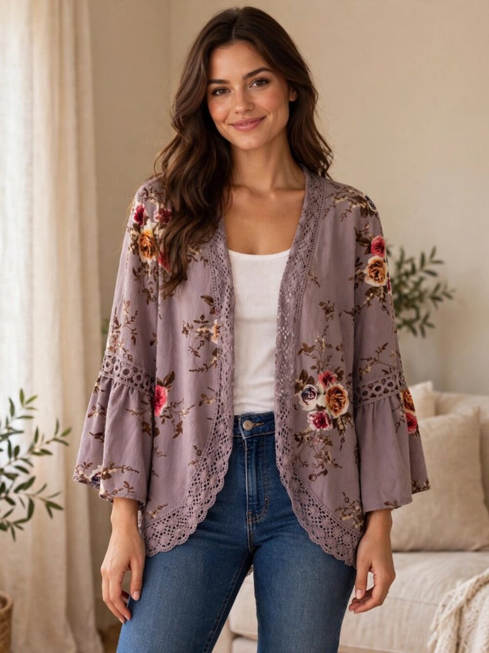 Floral Kimono Cardigan M Mauve Lace Bell Sleeve Boho Open Front Duster